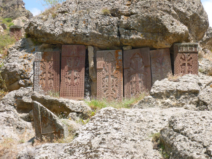 Khachakars are intricately carved stone crosses that are unique to Armenian orthodoxy (there aren't any in Georgian churches, for example).