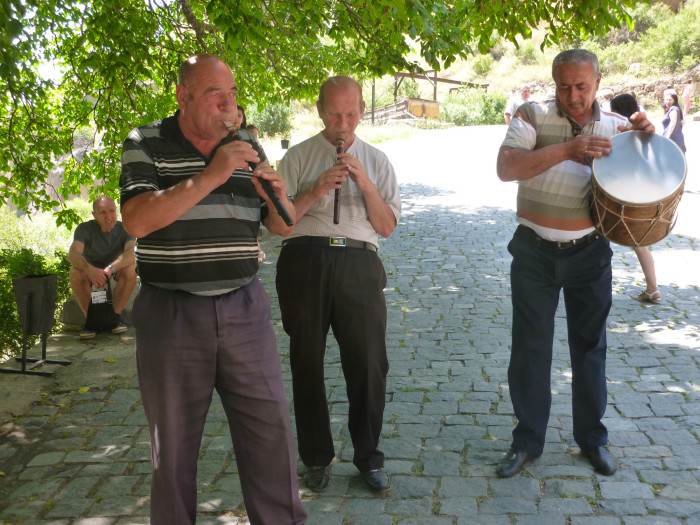 The guys with the flutes and drum