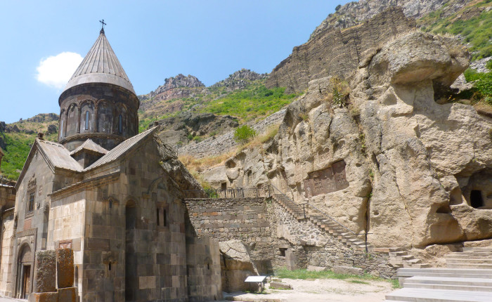 The main church and steps leading up to some smaller church cells