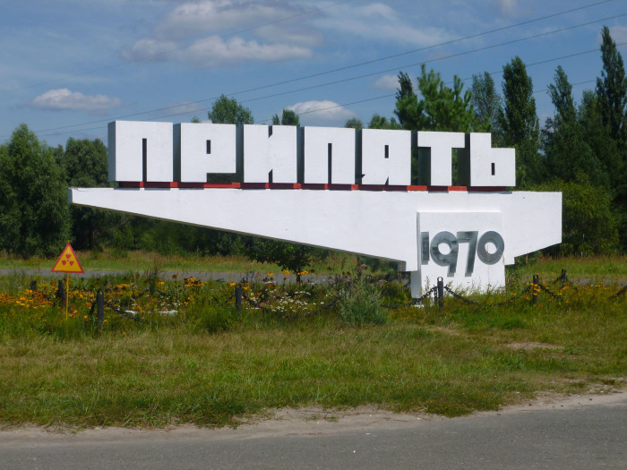 The sign for Pripyat, the town next to Chernobyl where all of the plant workers and their families lived