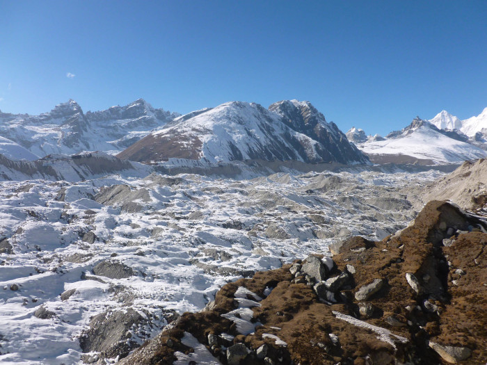 The Ngozumba Glacier. The large hill in the center of the photo is Gokyo Ri. The village of Gokyo is out of sight at the foot of Gokyo Ri.