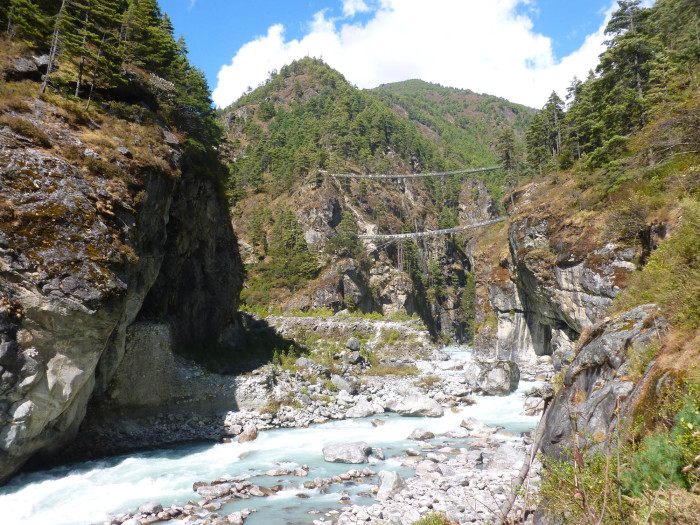 The suspensions bridges at the base of the hill up to Namche Bazaar