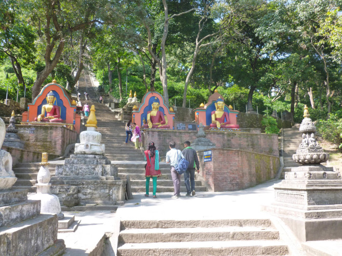 The steps leading up the side of the hill that Swayambhunath (Monkey Temple) is on.