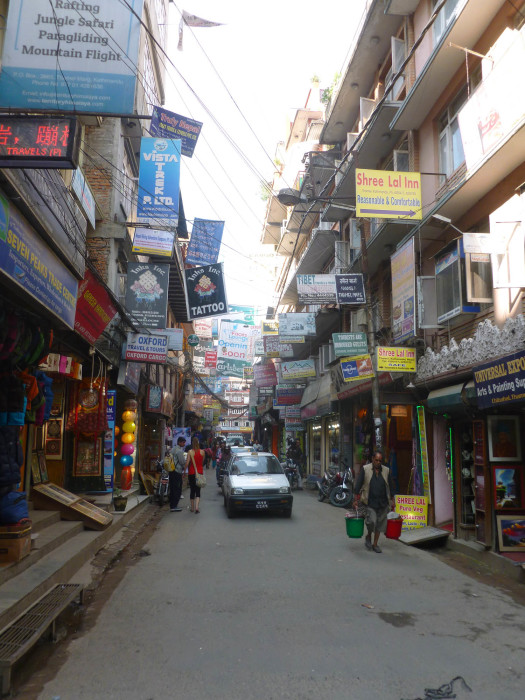 A street in Thamel. Look at all of those signs!