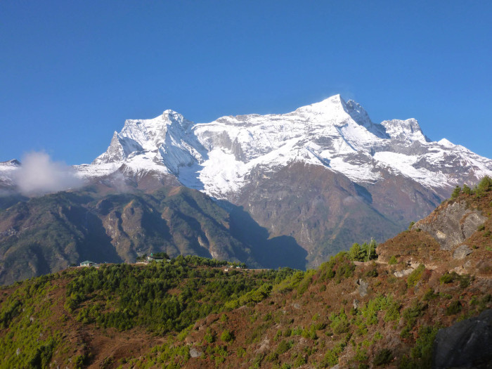 Looking back toward Namche Bazaar and Kongde Ri from the trail to Tengboche