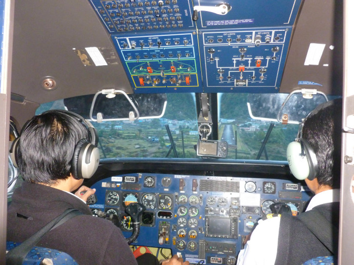 The cockpit right before landing in Lukla