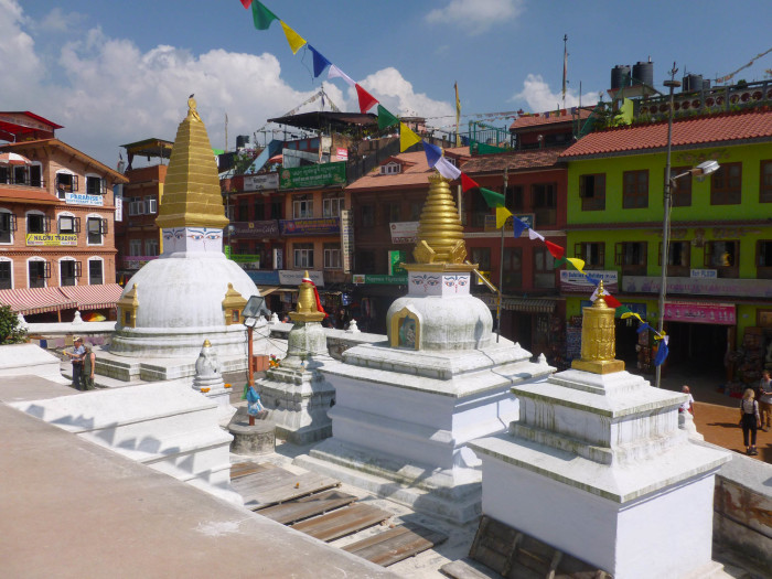 Smaller stupas surrounding the main Boudhanath stupa