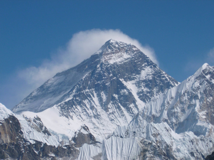 A zoomed in look at Everest from the top of Gokyo Ri