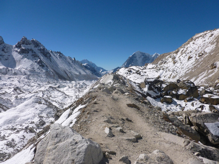 Hiking back on the moraine between Everest Base Camp and Gorak Shep