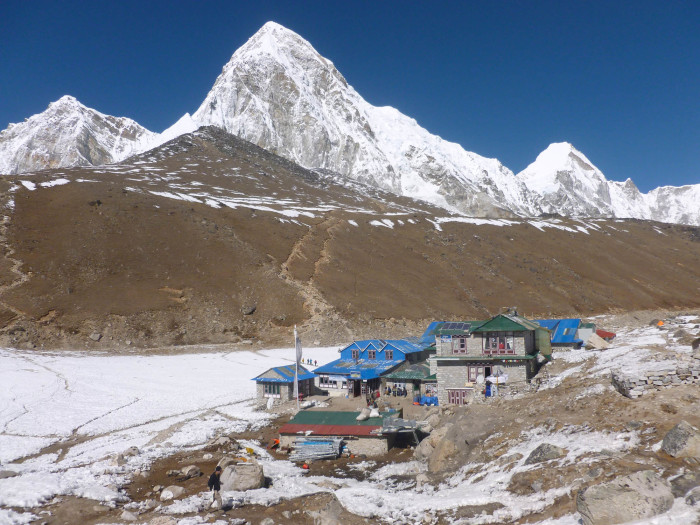 Gorak Shep. The brown hill above the village is Kala Patthar. The prominent peak is Pumori.