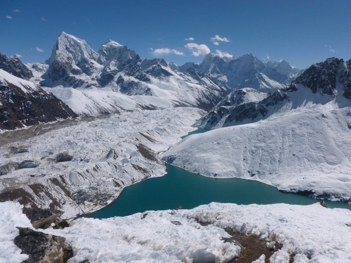 Gokyo, the Ngozumpa Glacier, and Cho La (far left)