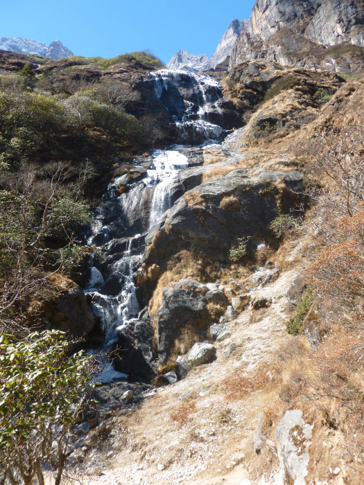 A partially frozen waterfall next to the trail