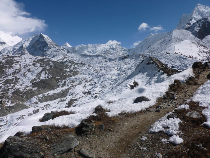 Island Peak is the most prominent mountain on the left side of the photo