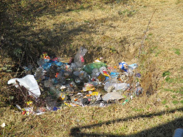 Trash in a hole in the ground. The area surrounding this one was abnormally clean.