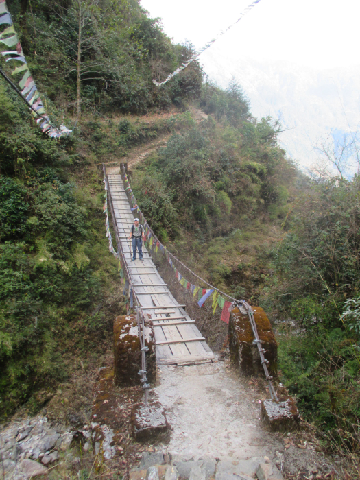 A wooden suspension bridge.