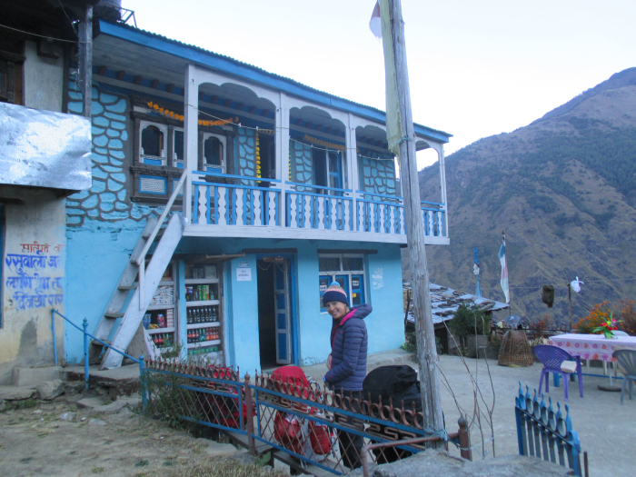 Jo outside of our Thulo Syaphru guesthouse.