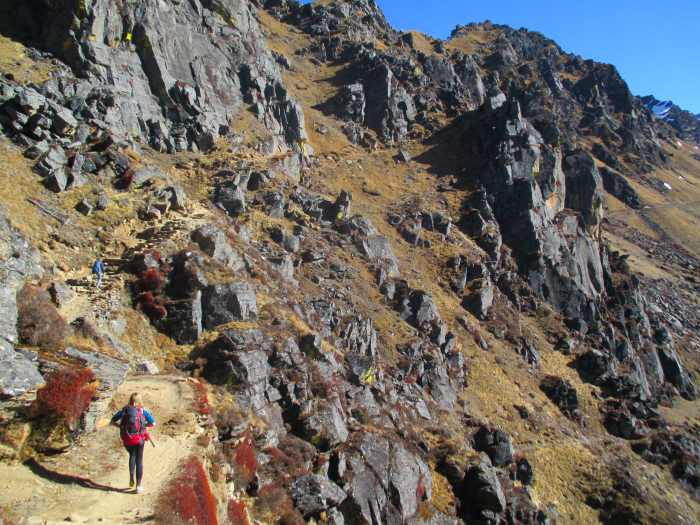 Negotiating black rocks en route to Gosainkund.