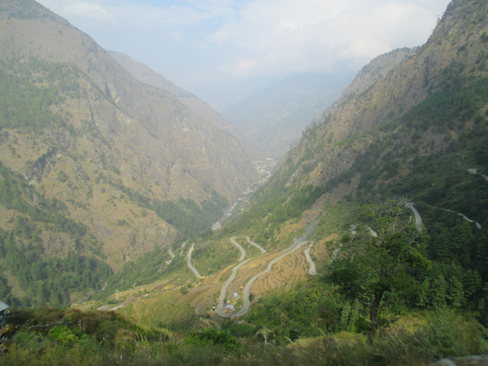 Looking up the valley toward Tibet. Syabrubesi is at the bottom of the valley, just up-valley from the series of hairpin turns.