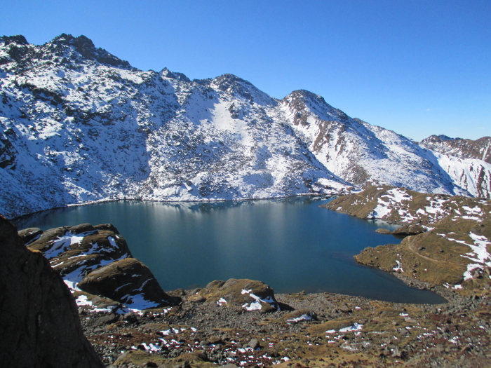 The first Gosainkund lake, which looked like a dinosaur footprint.