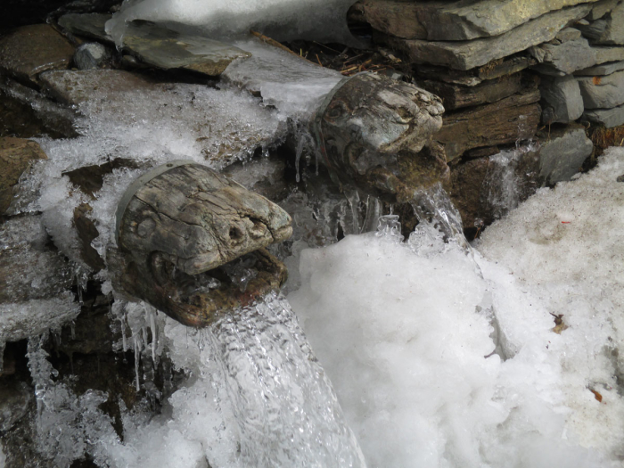 Hand-carved dragon spouts in Ngawal